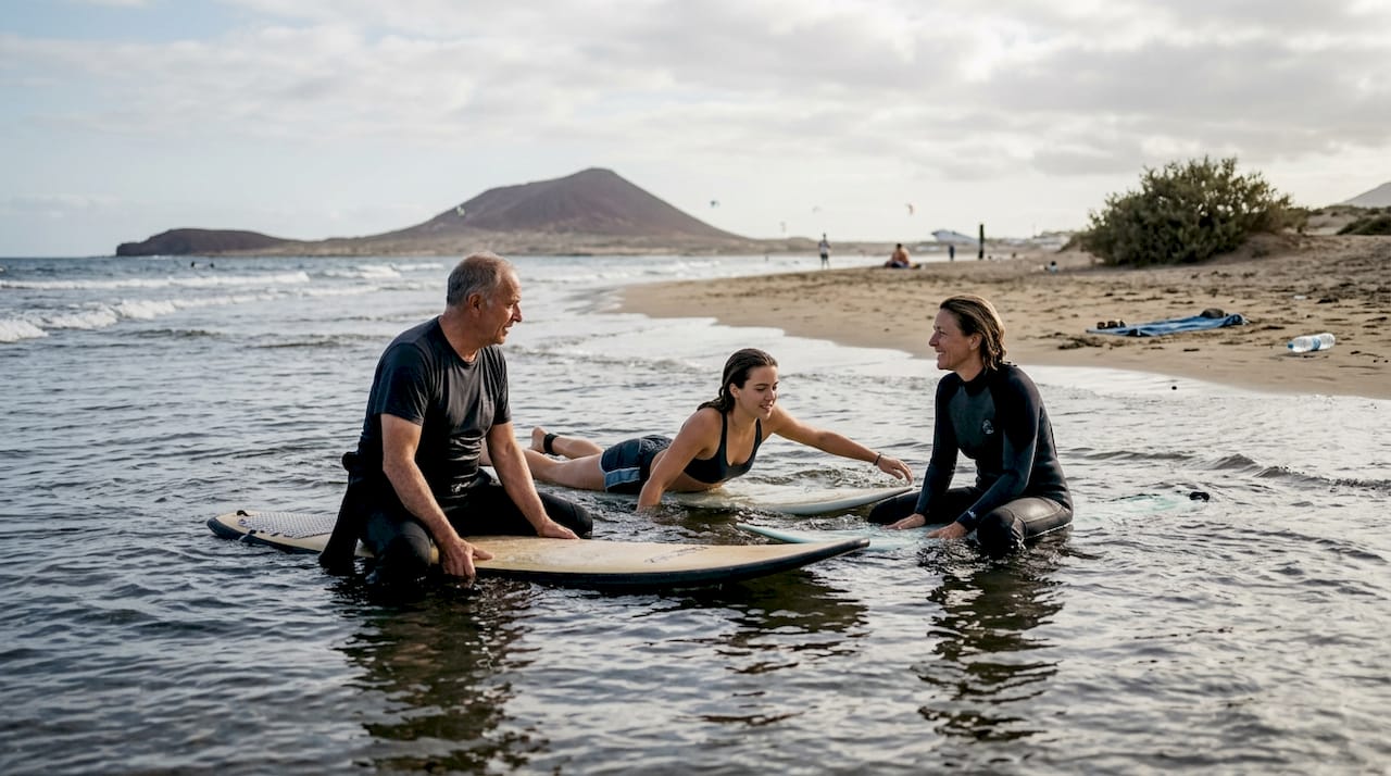 Un grupo de personas disfrutando del surf y mostrando cómo este deporte mejora su salud física.