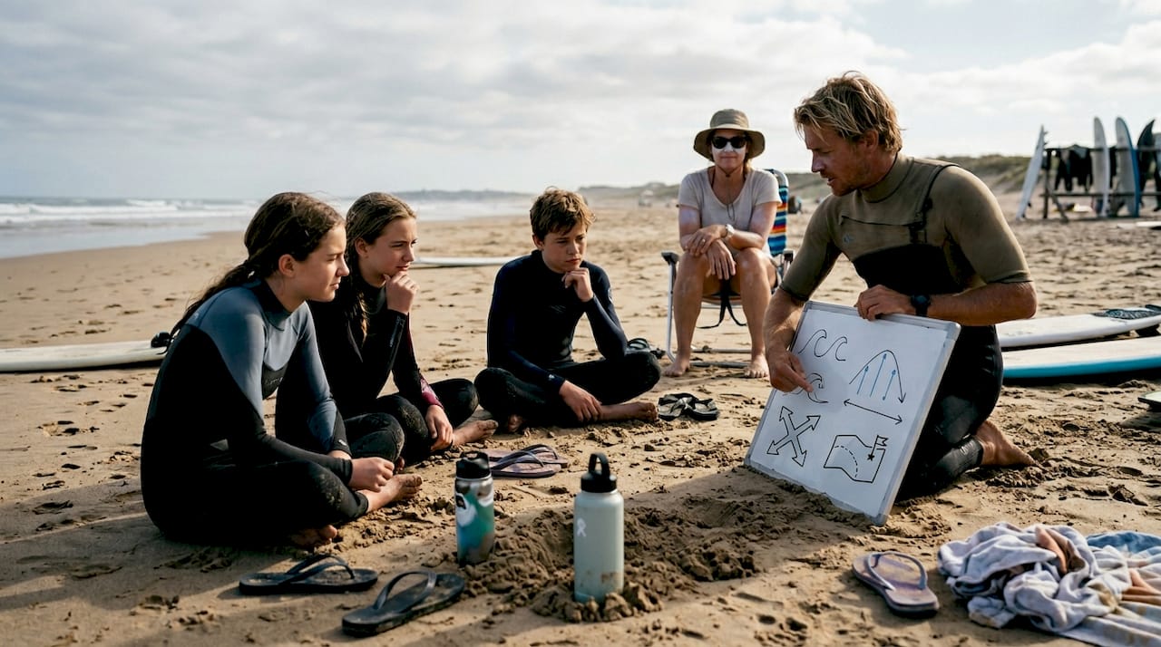 Clase de surf en la playa aprendiendo cómo funcionan las mareas