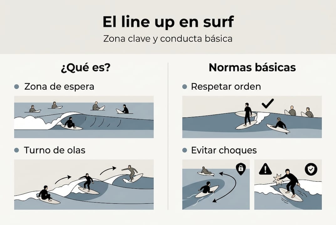 Guía visual sencilla sobre cómo funciona el line up en el surf