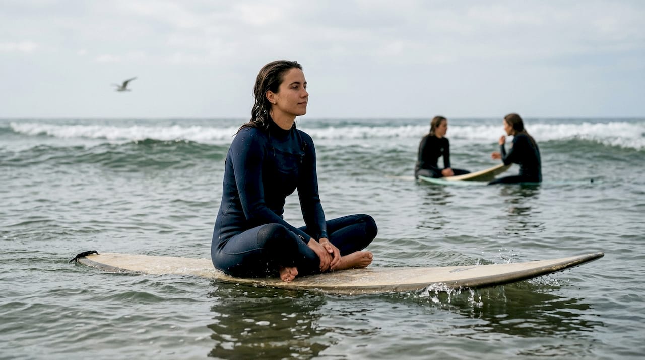 La surfista observa el mar con atención, tratando de descifrar cada movimiento de las olas.