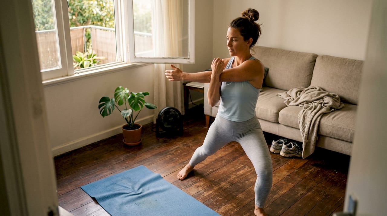 Surfista calentando y estirando hombros y caderas antes de entrar al agua
