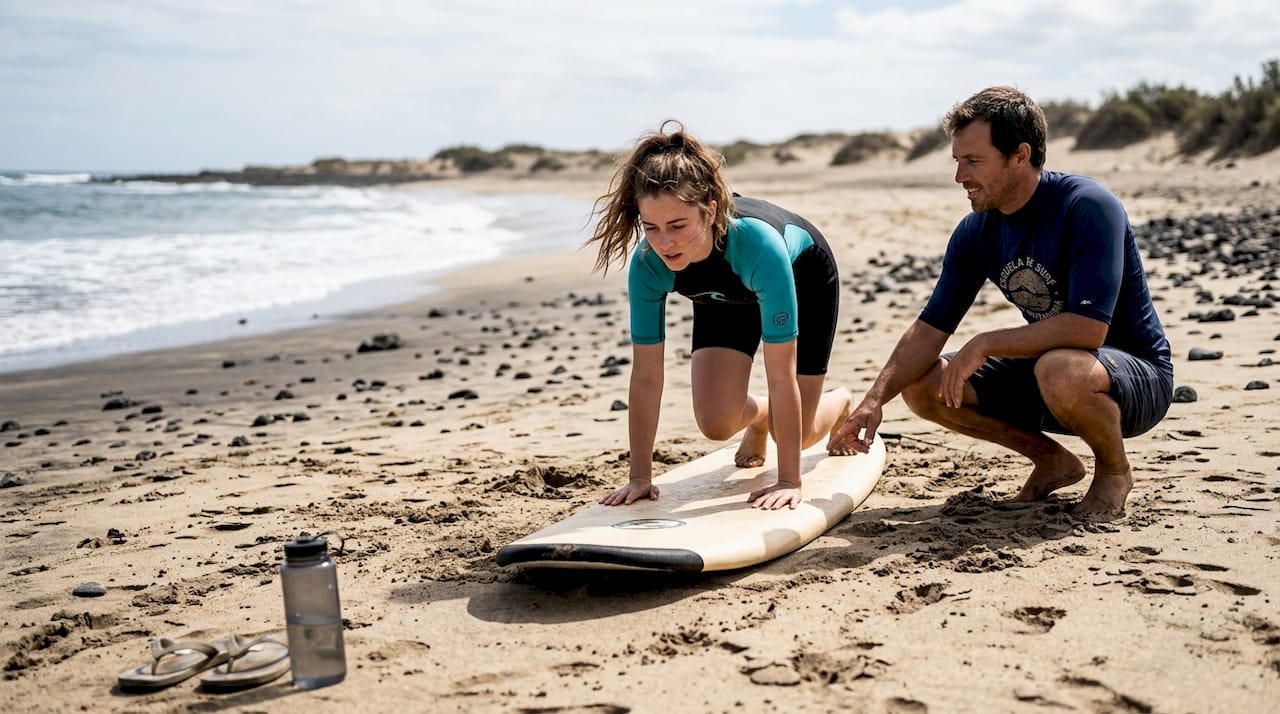 Alumno de surf practicando la posición sobre la tabla bajo la supervisión de su instructor