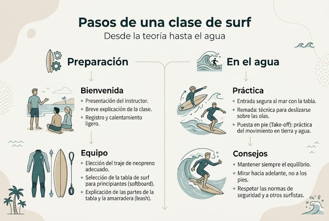 Infografía con los pasos clave para una clase de surf