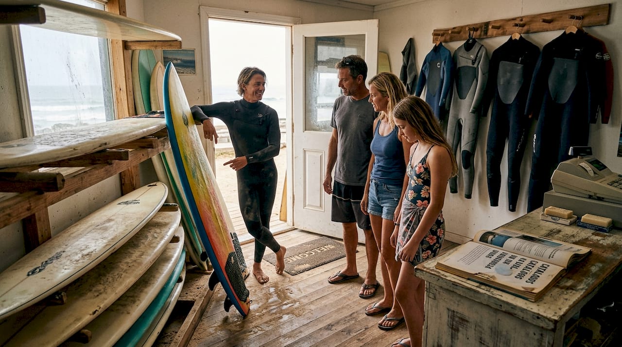 Una familia recorre la tienda para ver las distintas opciones de alquiler de tablas de surf.