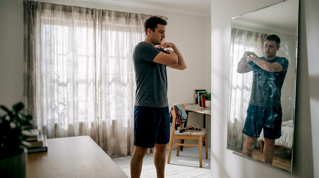 Un surfista practica giros de hombros en su habitación para mejorar su técnica.