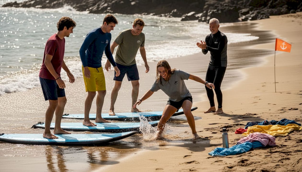 Un grupo de alumnos se divierte jugando sobre colchonetas en la orilla de la playa.