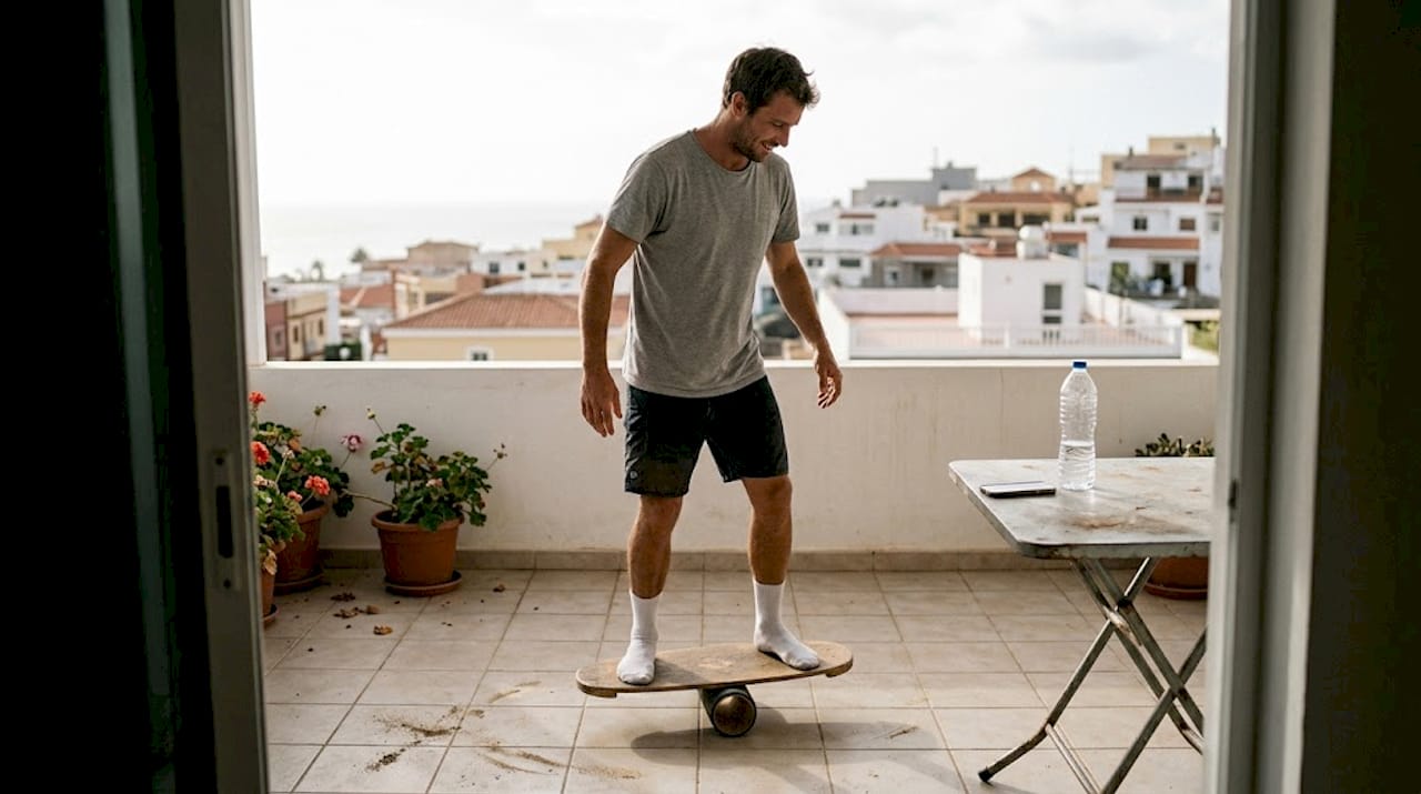Surfista entrenando giros sobre una tabla de equilibrio