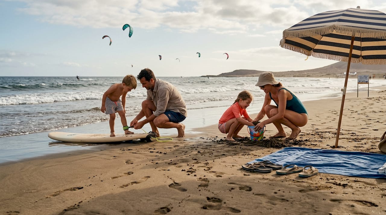 Una familia disfruta de un día juntos en la playa, aprendiendo a surfear y divirtiéndose en las olas.