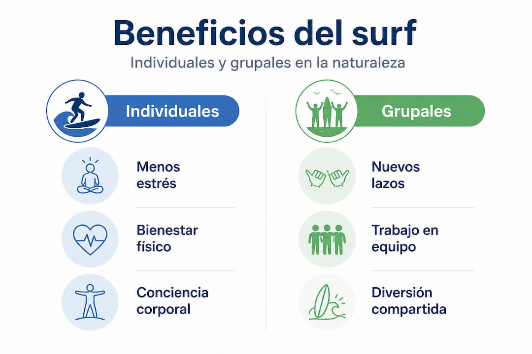 Infografía: ventajas de practicar surf solo y en grupo