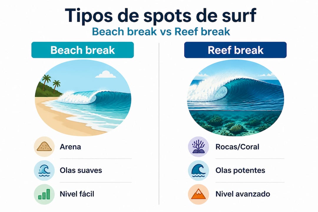 Infografía: diferencias clave entre olas de fondo de arena y de arrecife