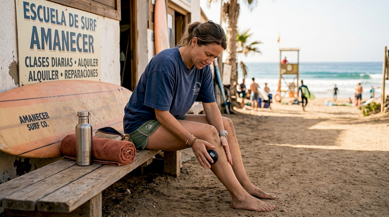 Surfista principiante se masajea las piernas después de su sesión en el agua