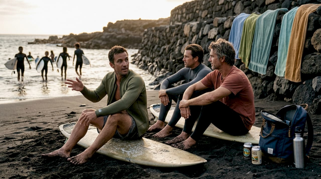 Un grupo de surfistas charlando animadamente en la playa junto a algunos vecinos del lugar.