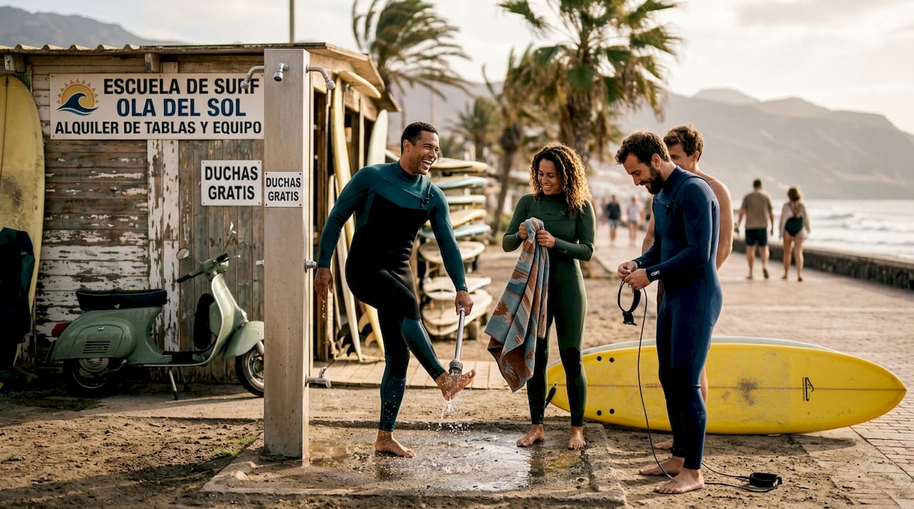 Un grupo de surfistas compartiendo risas y buenos momentos en la ducha al aire libre después de una jornada en las olas de Tenerife.