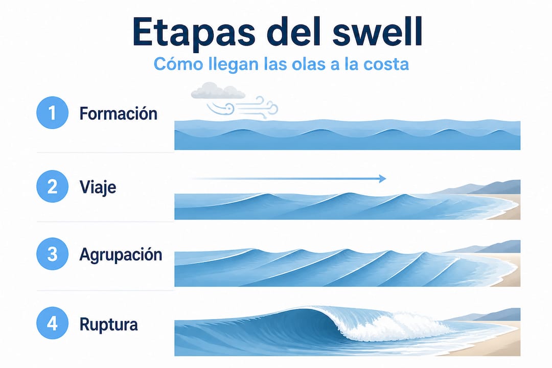 Infografía sobre el recorrido de las olas desde mar abierto hasta llegar a la playa
