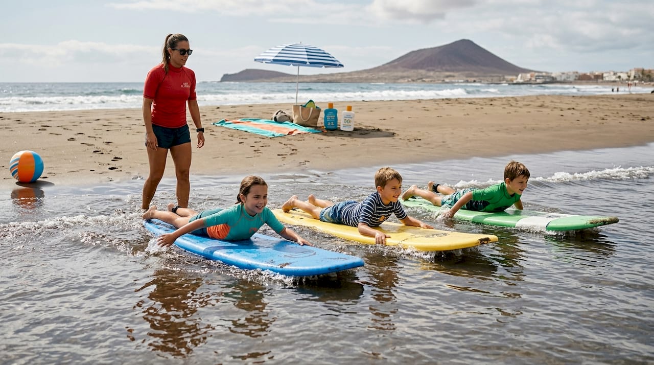 Niños disfrutando del surf en olas seguras en Tenerife