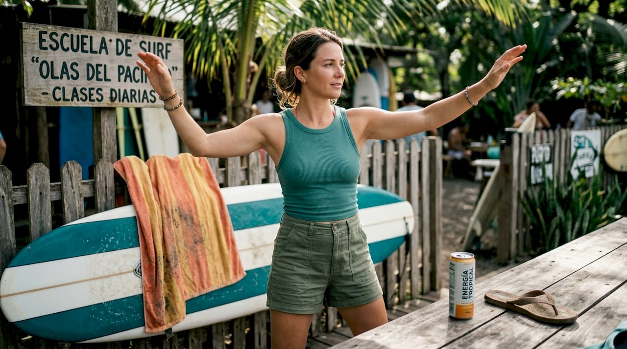 Mujer demostrando la postura correcta de los brazos para surfear