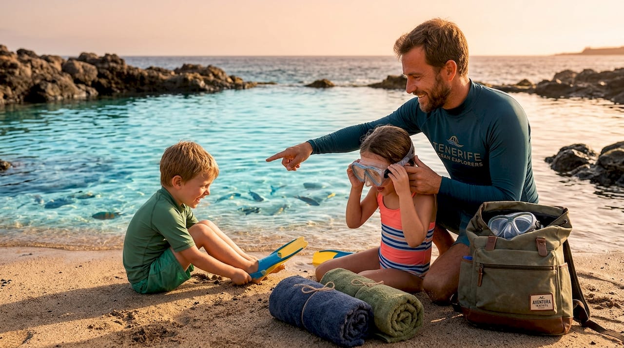 Monitor enseñando a niños pequeños cómo hacer snorkel
