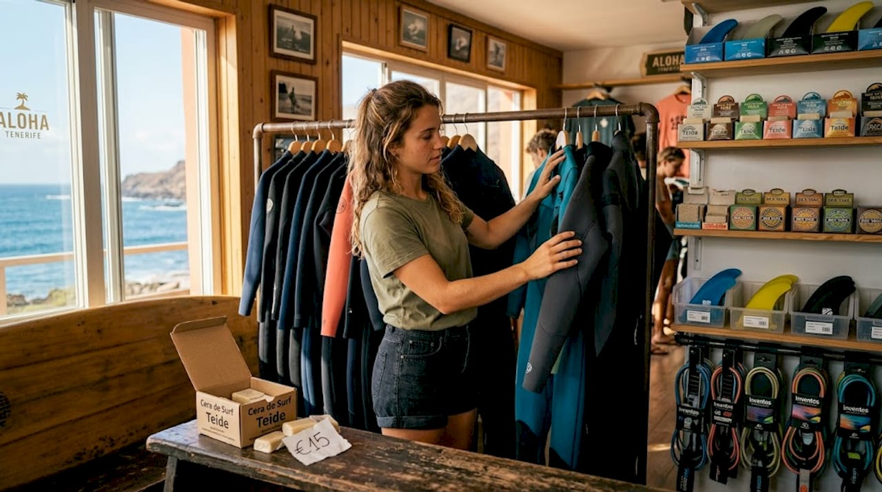 Un surfista revisa y compara diferentes neoprenos dentro de una tienda de surf en Tenerife.