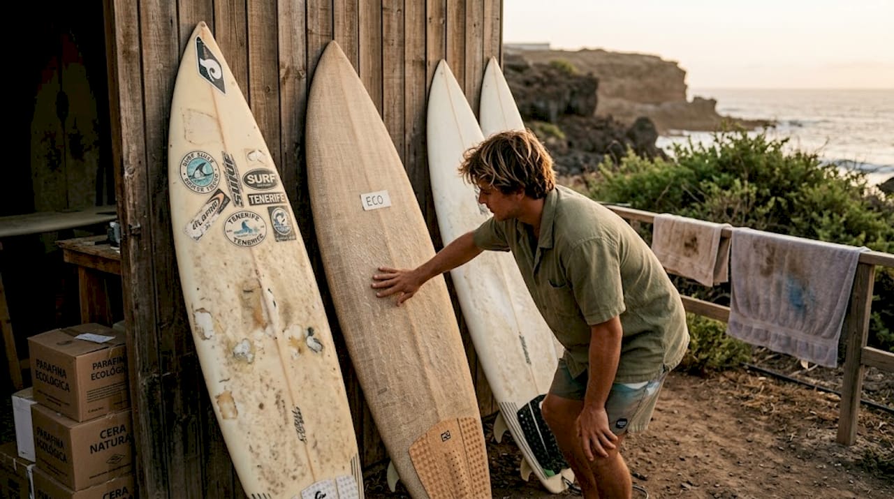 Un surfista examina diferentes opciones de tablas ecológicas para elegir la que mejor se adapte a sus necesidades.