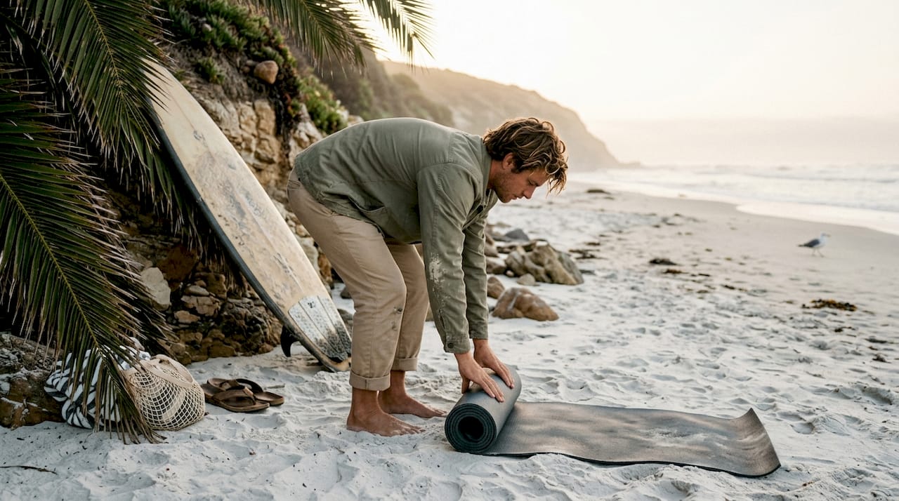 Un hombre despliega su esterilla y coloca la tabla sobre la arena, preparándose para disfrutar de la playa.