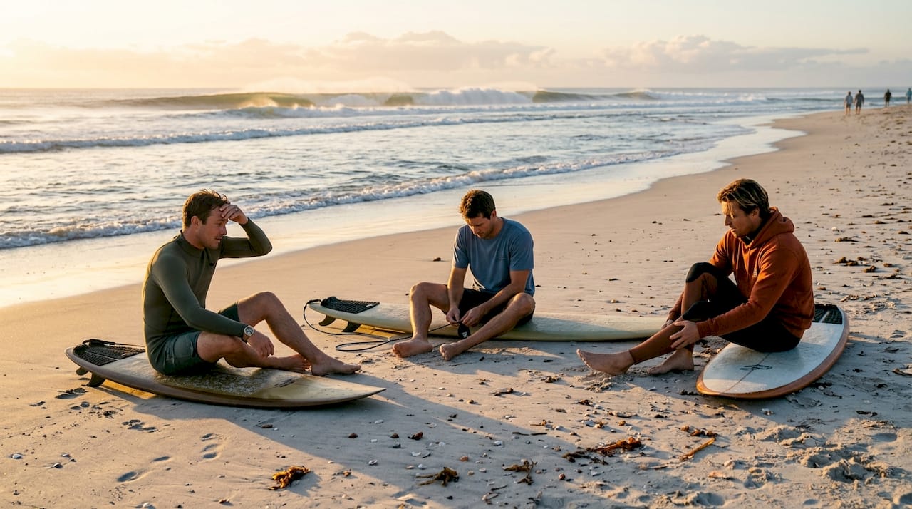 Un grupo de surfistas permanece sentado sobre sus tablas, atentos al mar mientras evalúan el tamaño de las olas que se acercan.