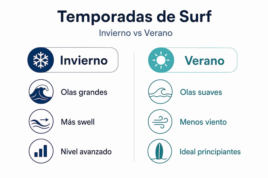 Resumen visual sobre las mejores épocas para practicar surf en Tenerife