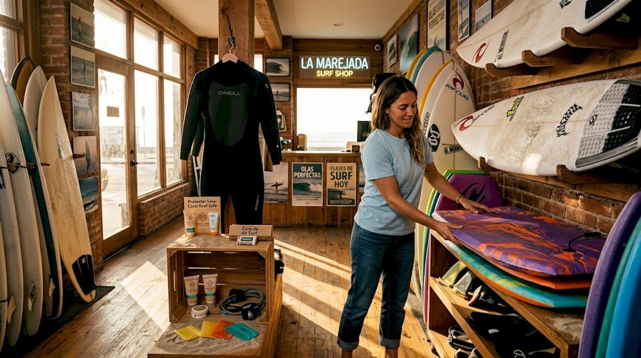 Empleado de la tienda de surf acomodando las tablas
