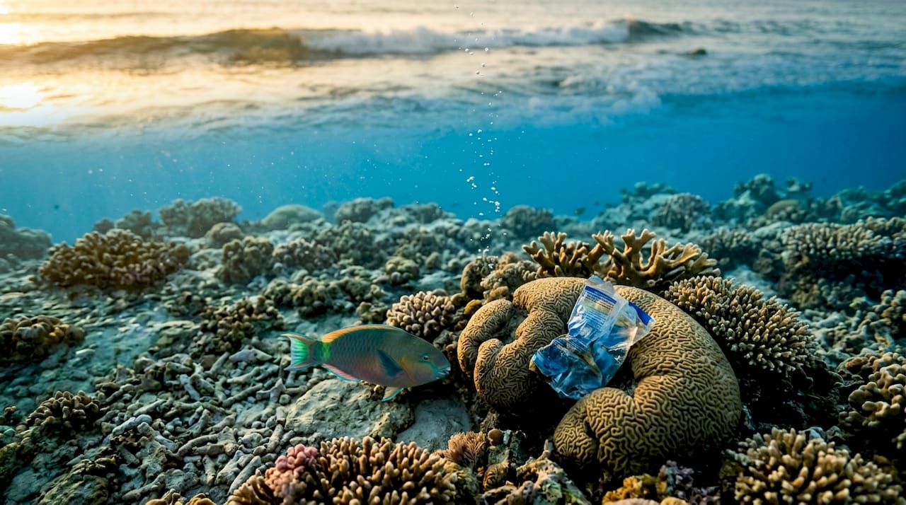 Un arrecife de coral luchando por sobrevivir bajo las olas, rodeado de plástico que flota a su alrededor.