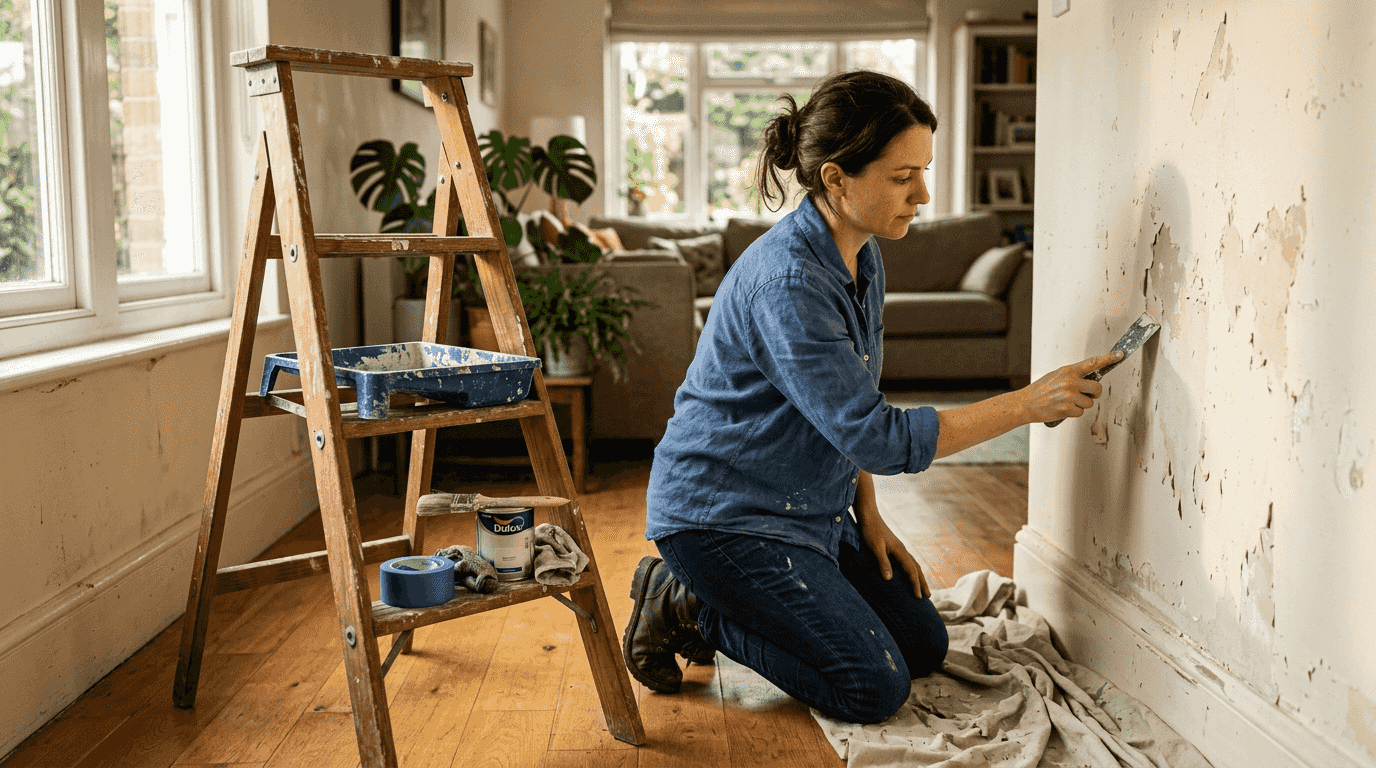 Homeowner preparing wall for painting