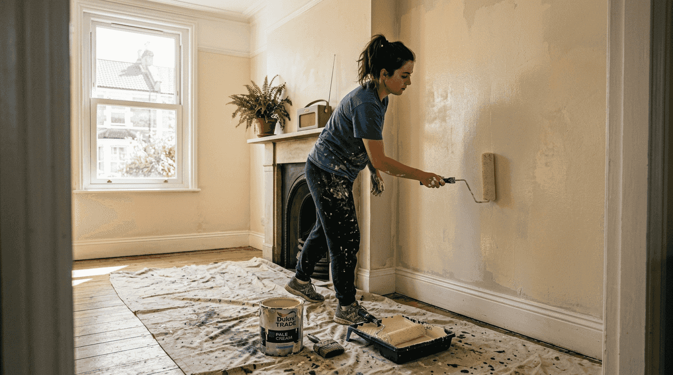 Woman painting interior wall in bright room