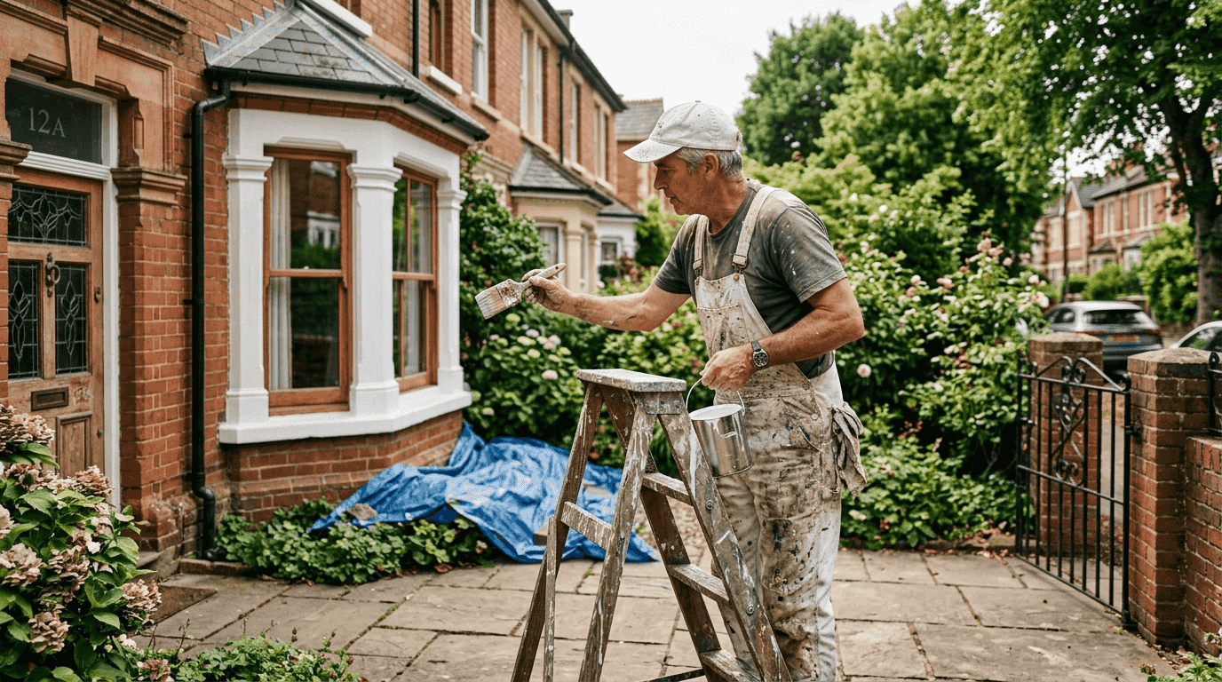 Painter working on exterior trim of house
