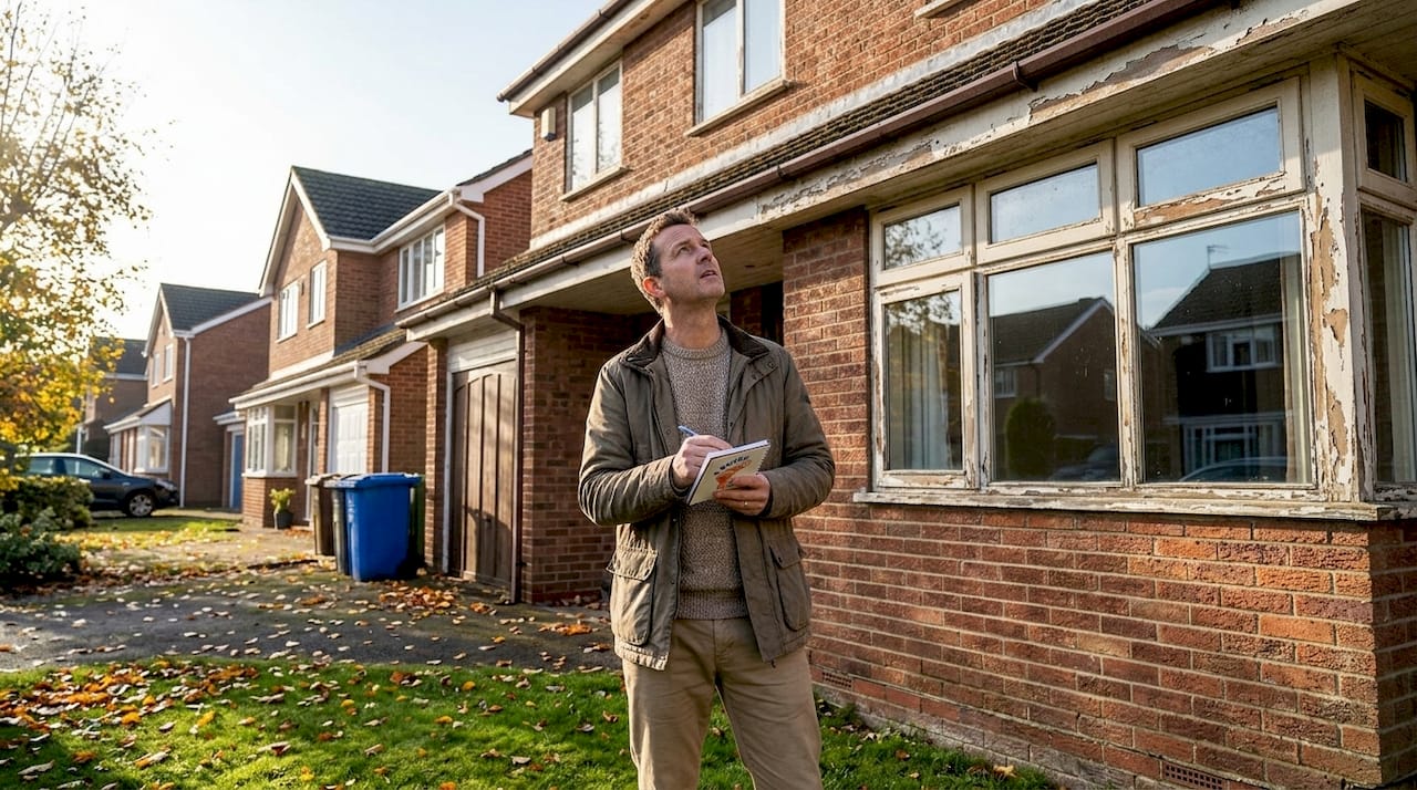 Homeowner inspecting house exterior paint condition