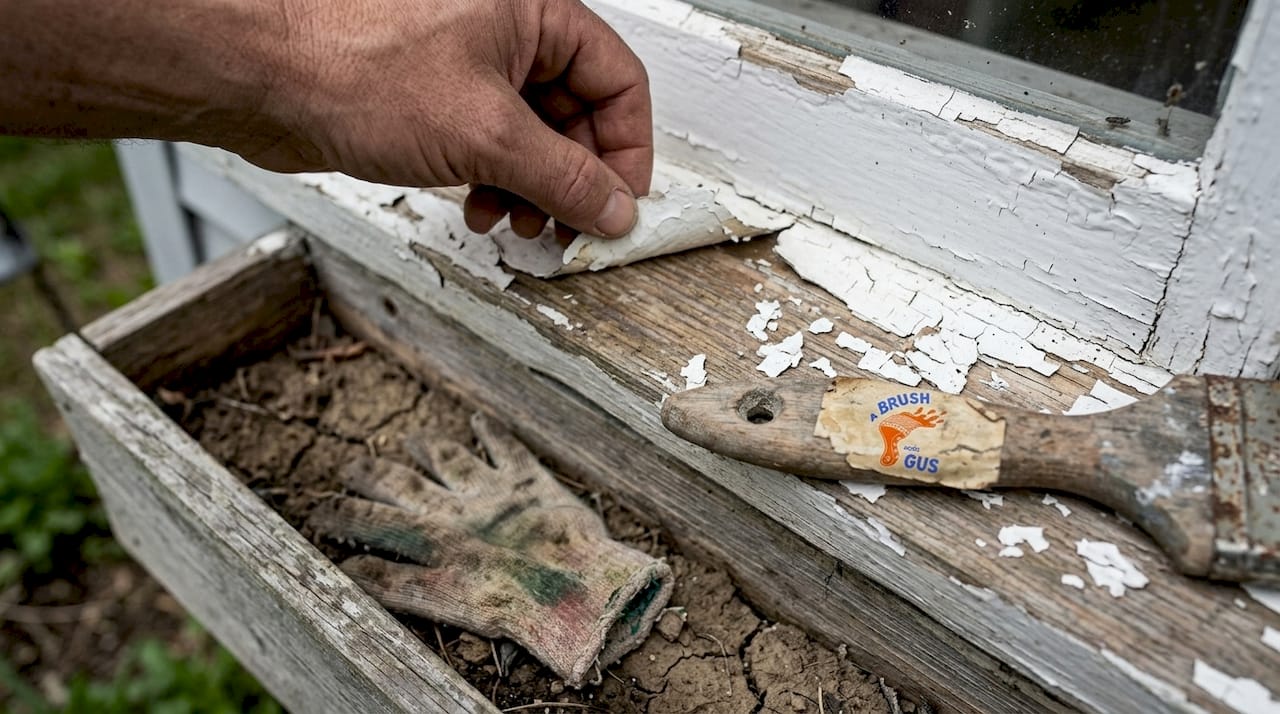 Close-up peeling paint on window sill