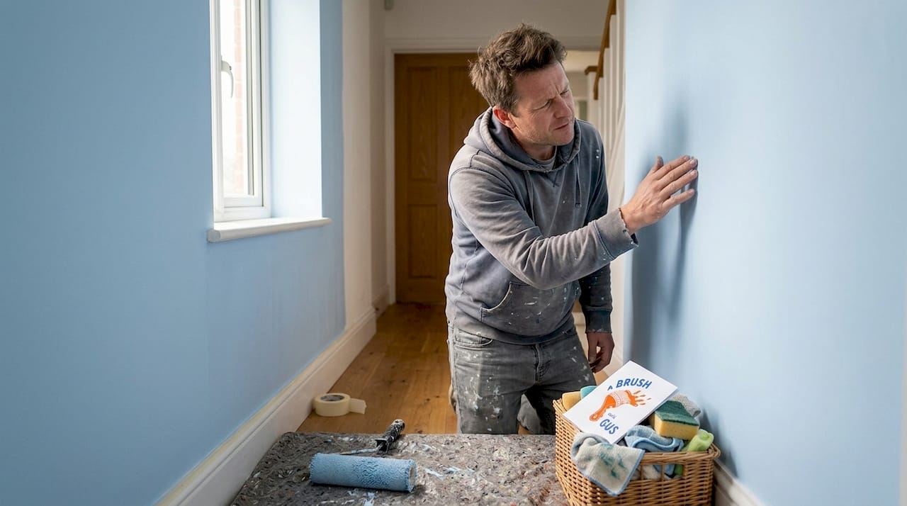 Homeowner inspecting fresh hallway paint finish