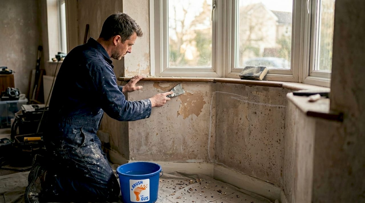 Painter scraping flaky paint near window