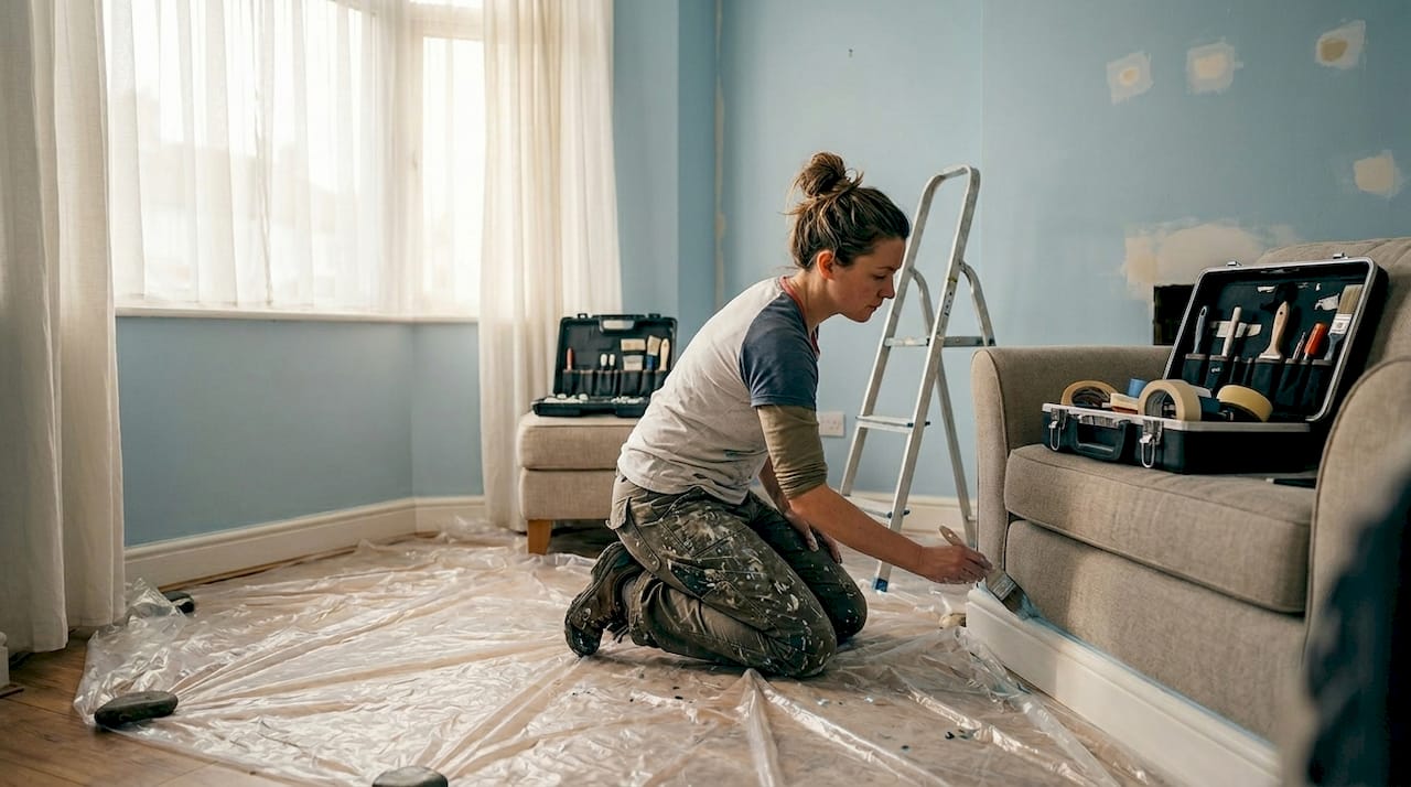 Painter edging pale blue wall in living room