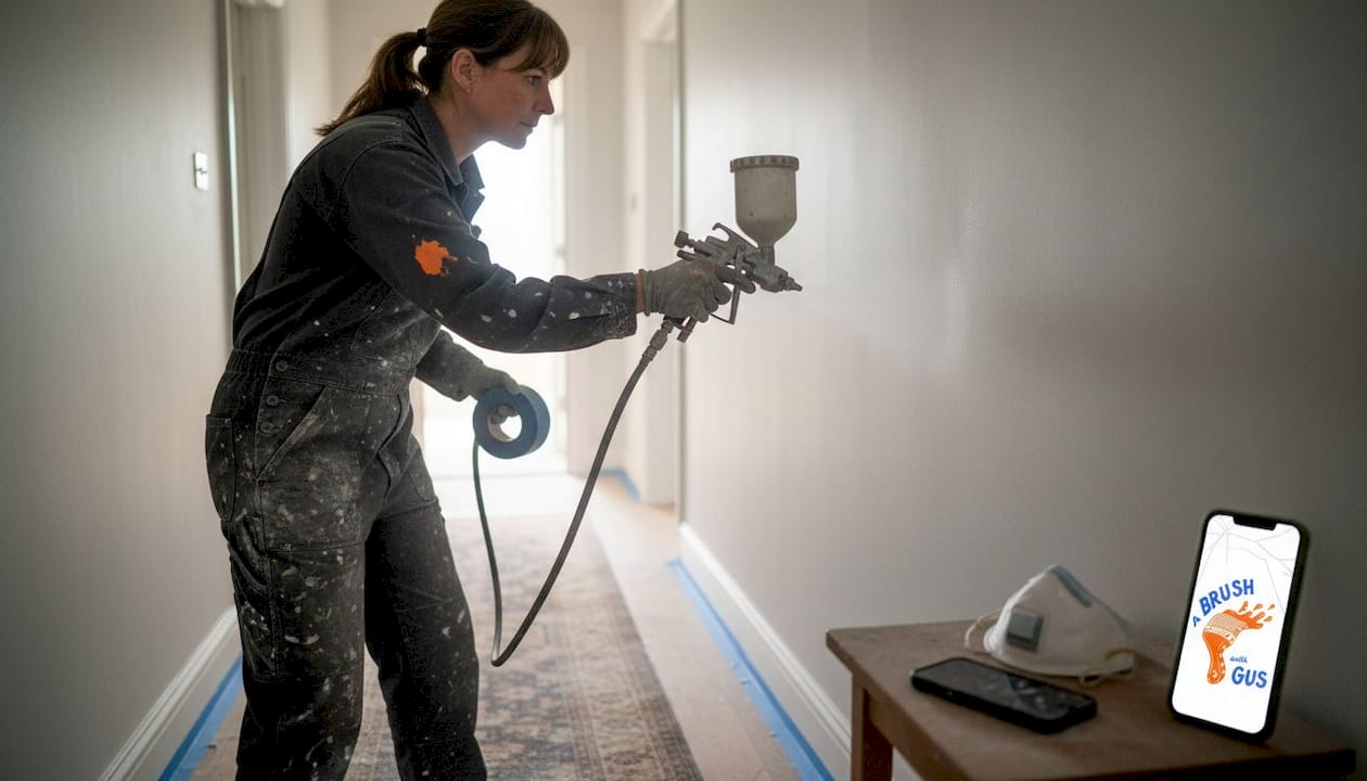Painter using sprayer for smooth wall finish