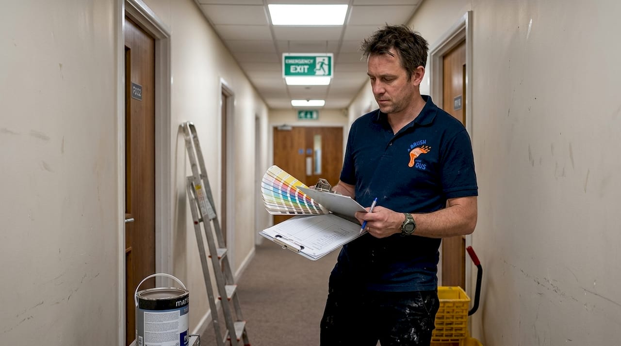 Facilities manager choosing paint in office hallway
