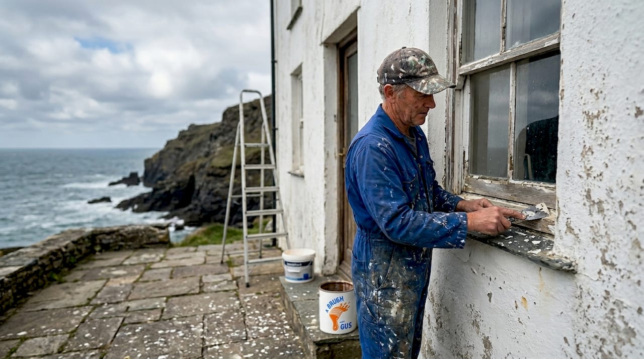 Painter working on exterior by UK coastline