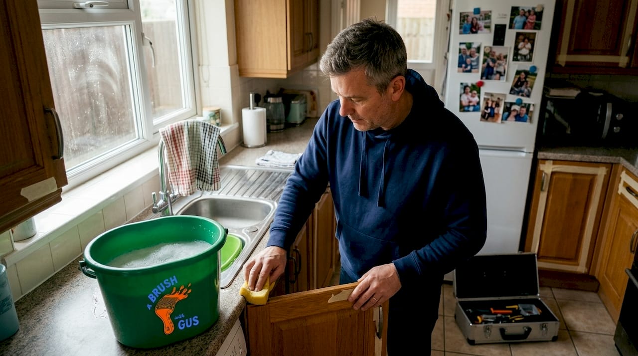 Person cleaning kitchen cabinets before painting