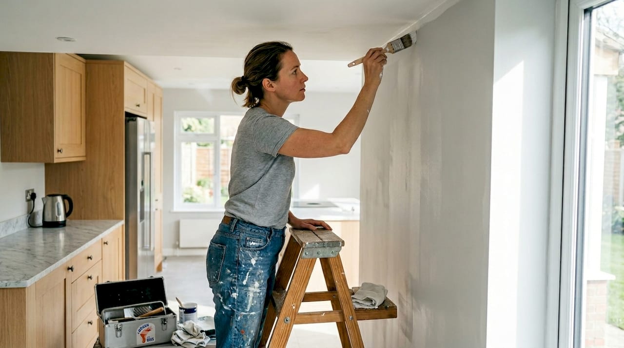 Person painting wall in modern kitchen