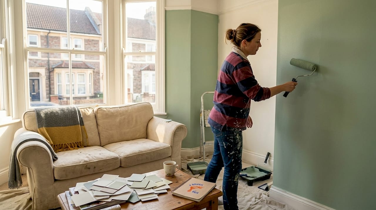 Applying green paint to UK living room wall