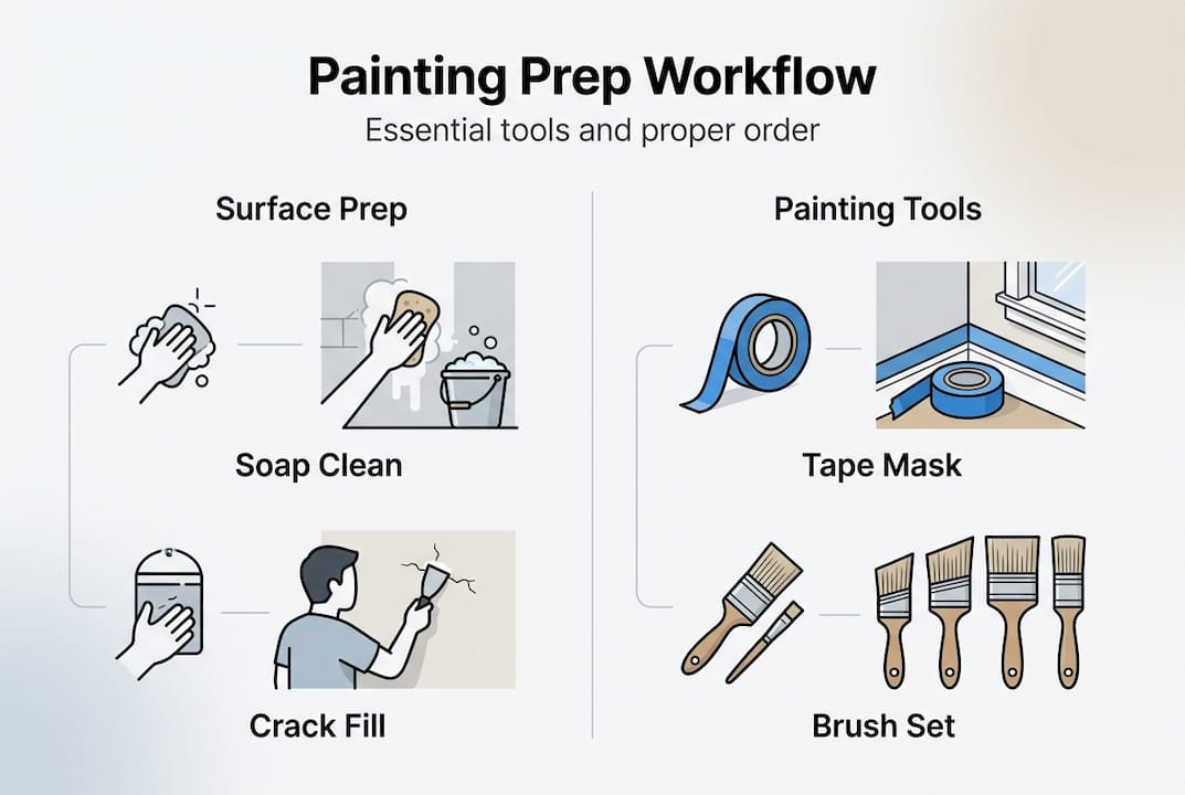 Infographic showing painting prep sequence and tools