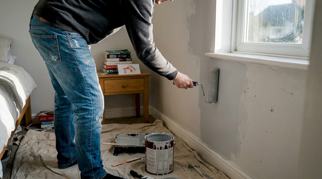 Homeowner applying thin paint coat to wall
