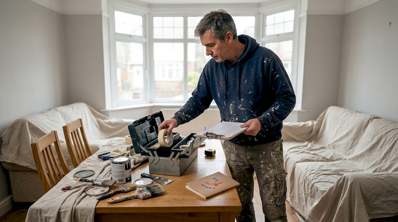 Painter preparing tools in home living room
