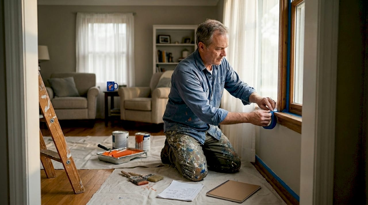 Painting contractor preparing a living room