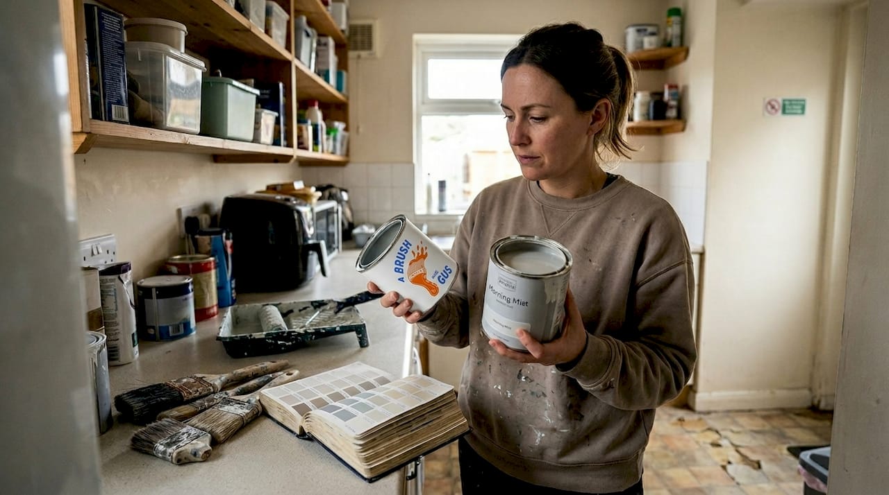 Woman selecting paint and tools in home utility room
