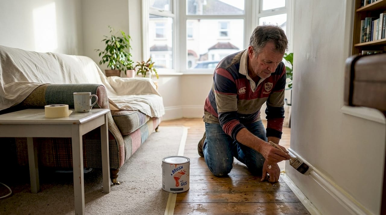 Homeowner painting skirting board in lived-in UK lounge