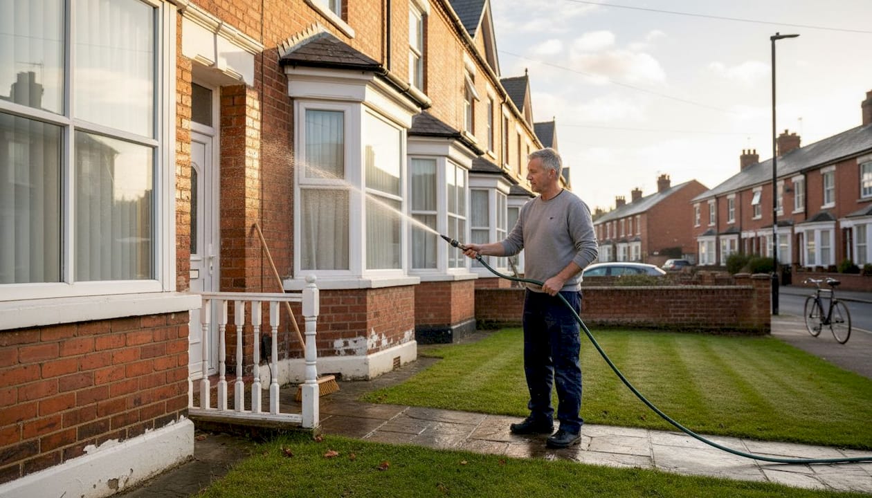 Homeowner cleaning house exterior curb appeal