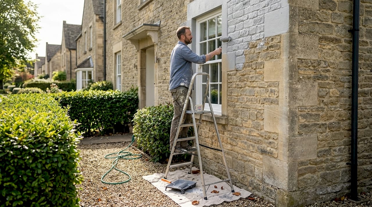 Painter working on house exterior in daylight